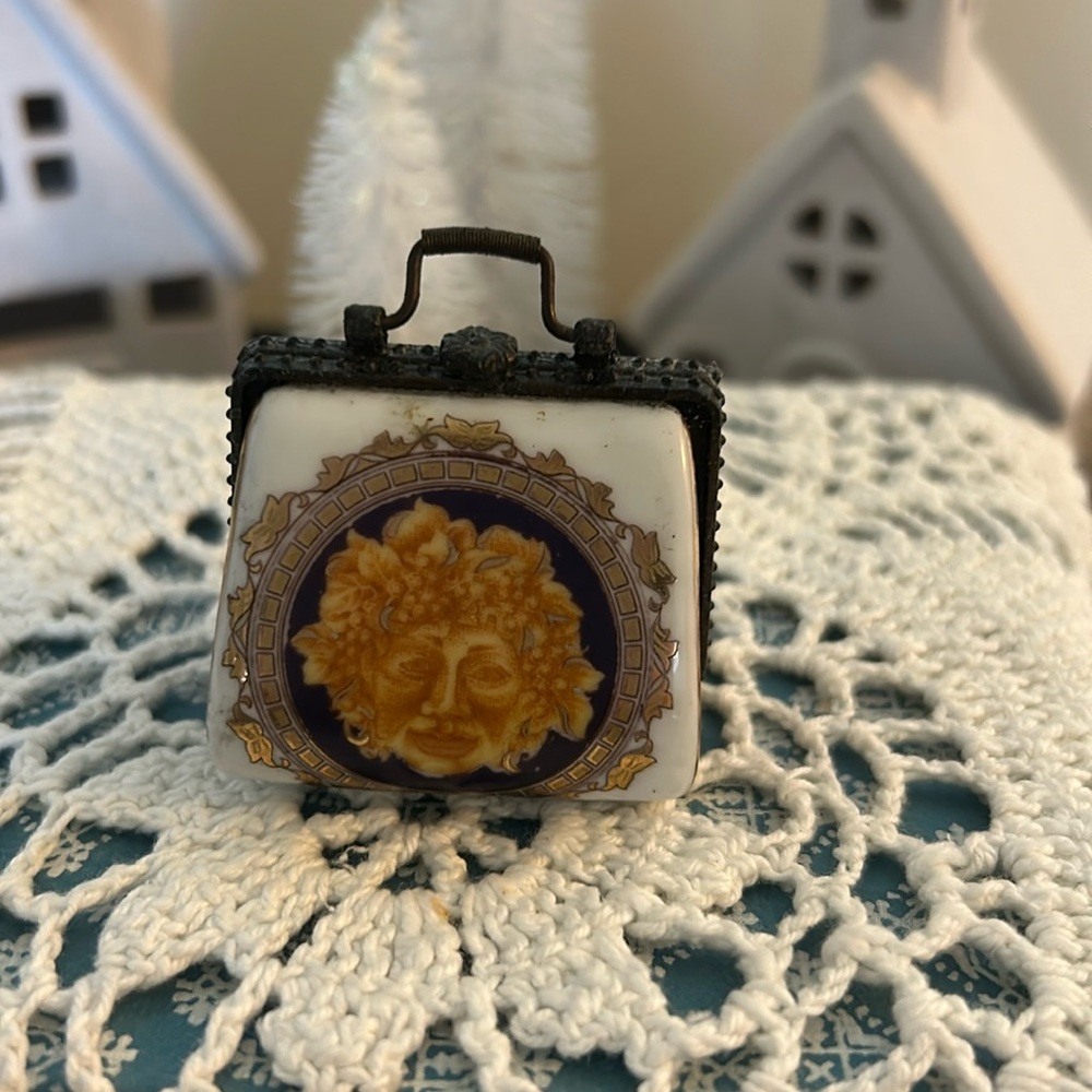 Vintage Porcelain Purse w Bacchus, Intricate Gold and Blue Detail